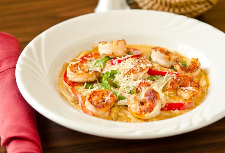 Shrimp pasta in a white bowl